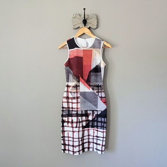 🆕️ Clover Canyon Gradient Plaid Neoprene Bodycon Sheath Dress in Red - Picture 4 of 16